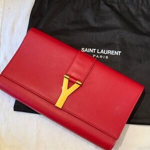 Saint Laurent Red Clutch with Gold Y Accent